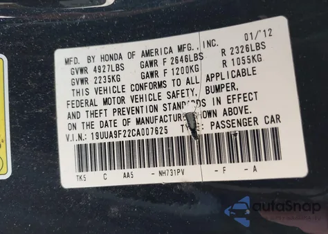 2012 Acura Tl 3.7 from USA, damaged, VIN 19UUA9F22CA007625